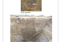 Coupe stratigraphique ouest-est d'un silo. Son comblement a notamment révélé de nombreux éléments de céramique et de nodules de terre cuite/torchis, de charbons de bois et de cailloux. Tanéria, Verdun-sur-Garonne (Tarn-et-Garonne), 2017.