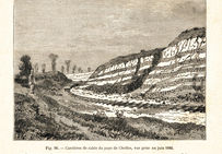 Vue du chantier ferroviaire qui a permis la mise au jour des bifaces de Chelles. In La Création de l’homme et les premiers âges de l’humanité.