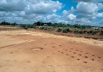 Vue de la fouille, en 1998, d'un bâtiment du premier âge du Fer à Marolles-sur-Seine (Seine-et-Marne). Les creusements circulaires, traces laissées par d'anciens trous de poteaux en bois, trahissent l'emplacement d'éléments architecturaux aujourd'hui disparus, vestiges fugaces de bâtiments à ossature de bois.
